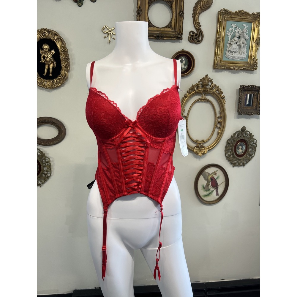 René Rofé Red Lace Corset Push-Up Cropped Bustier with G-String Size L NWT